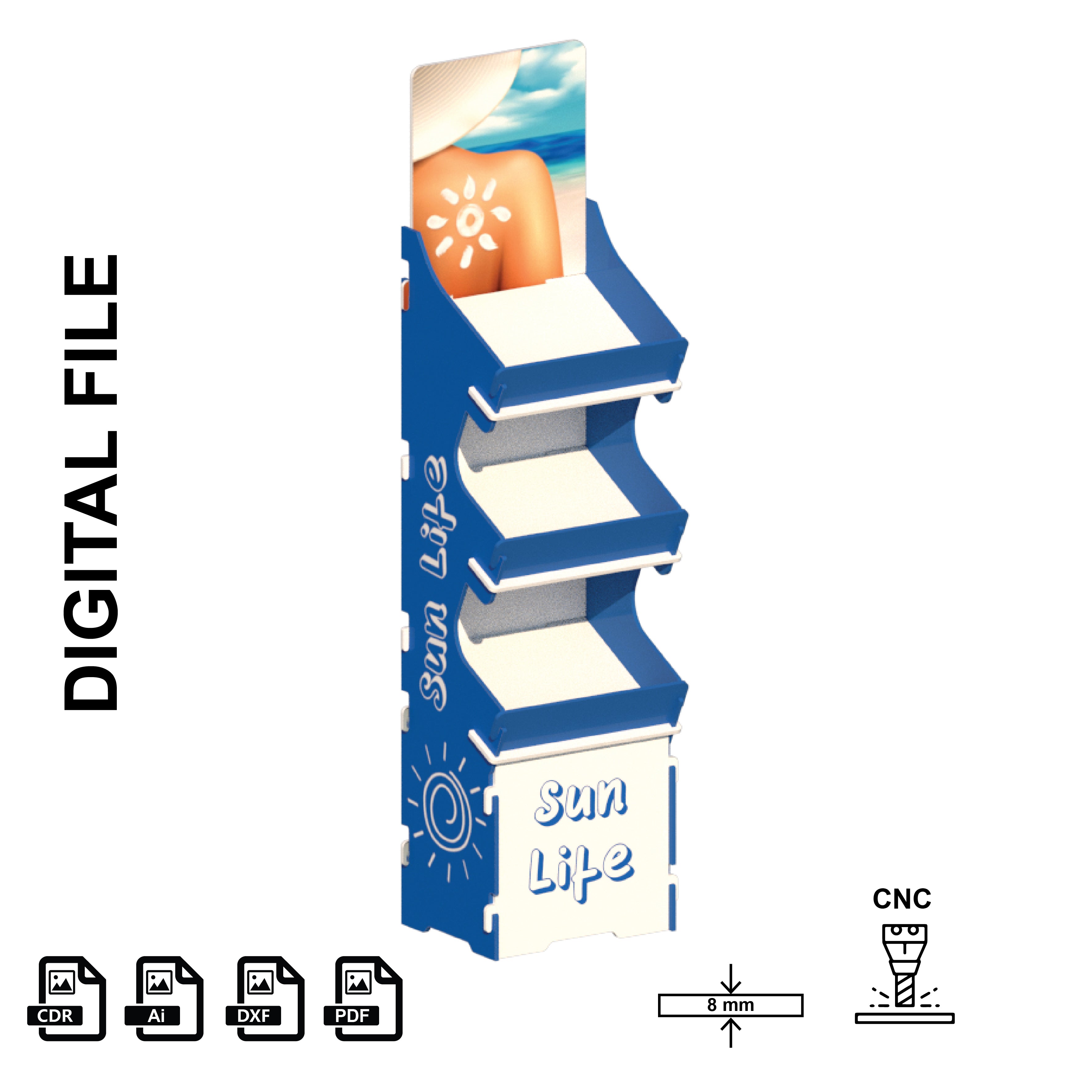 Floor Standing Cosmetic Display Stand Digital File for CNC - 3 Shelves POS Rack Vector Design